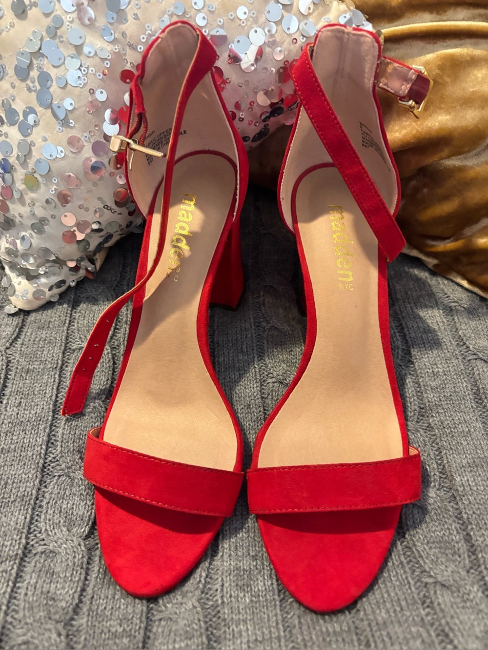Madden NYC Brigid Red Faux Suede Block Heel Ankle Strap Sandals Size 8